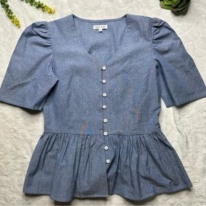Beau & Ro Chambray 100% Cotton Short Puff Sleeve Button Front Blue Peplum Top XS
